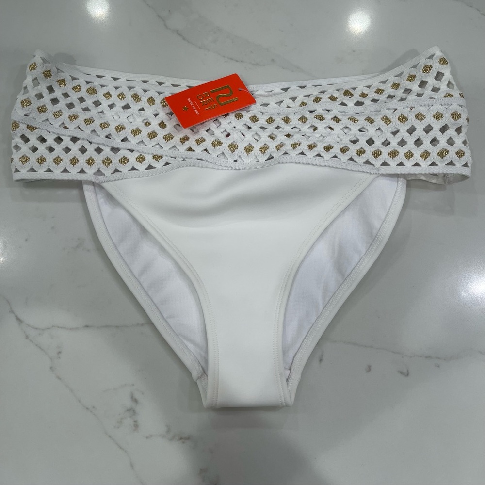 NWT RU Resort White Cut Out Bikini Bottom with Gold Accents